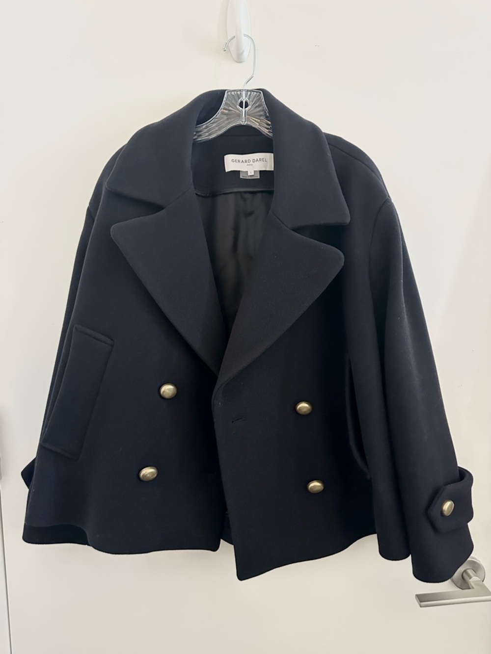 Gerard Darel Black Double-Breasted Cropped Pea Coat with Gold Buttons